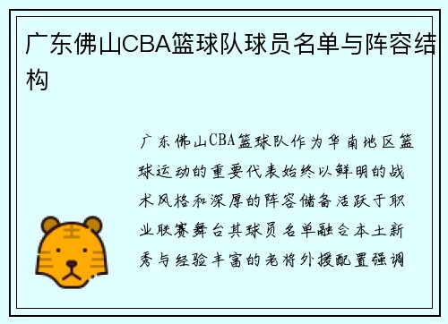 广东佛山CBA篮球队球员名单与阵容结构